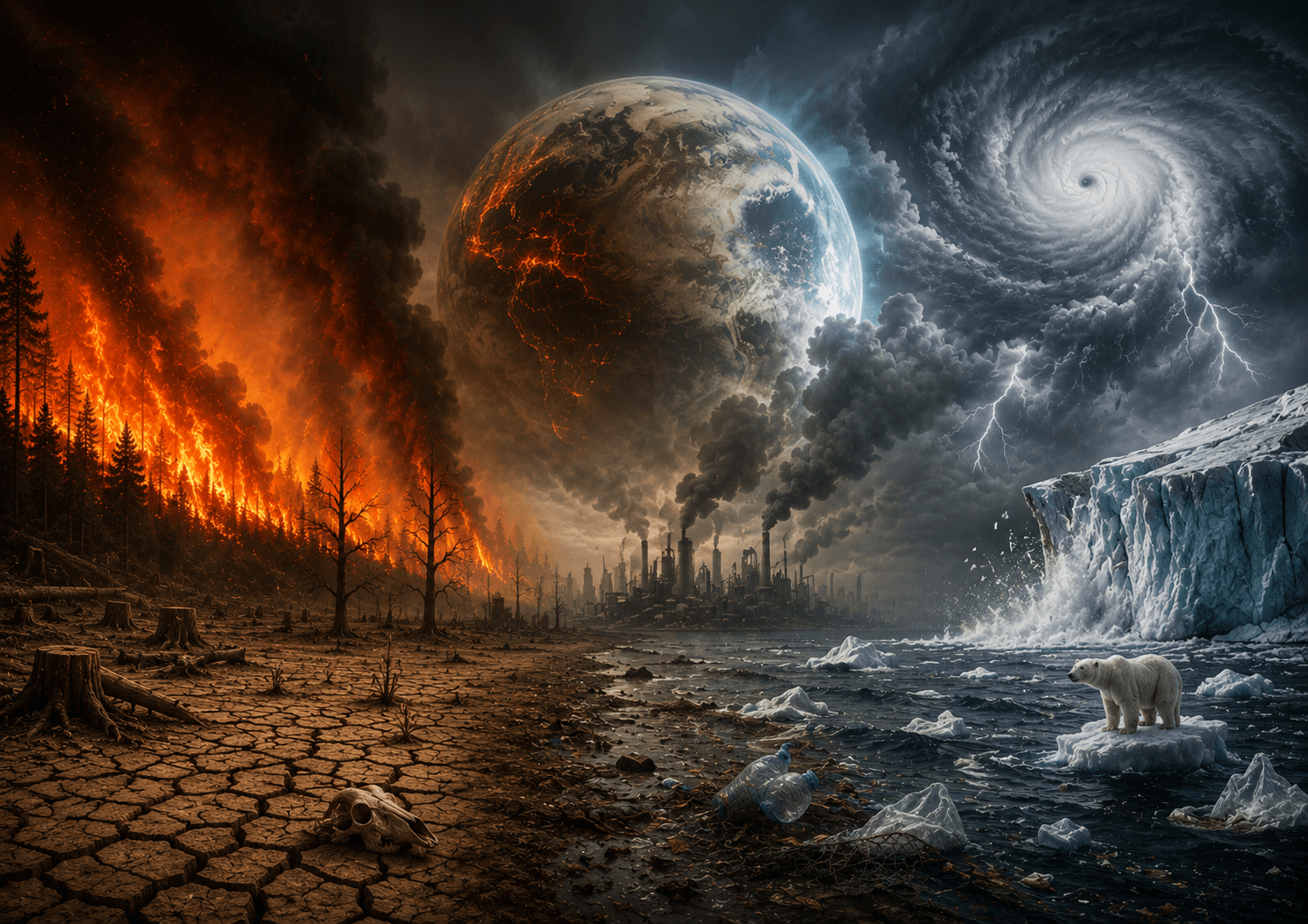 A composite image of wildfire devastation and glacial collapse split around Earth, illustrating climate urgency.